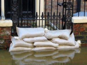 Sandbags inf front of a home protecting it from flood waters