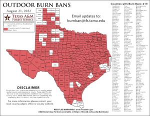 A map of Texas counties that have instituted a burn ban as of August 21, 2022