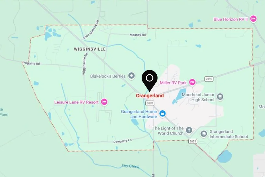 Map of Grangerland, TX with the town boundary and a pin