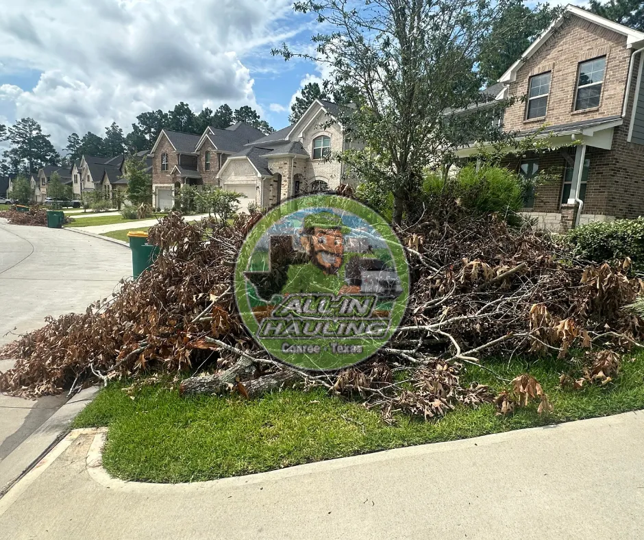 Storm brush and tree limbs piled at the curb for All-In Hauling yard waste pickup